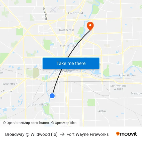 Broadway @ Wildwood (Ib) to Fort Wayne Fireworks map