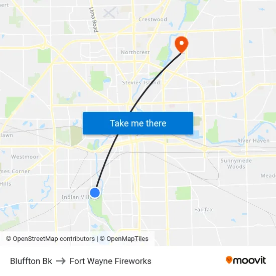 Bluffton Bk to Fort Wayne Fireworks map