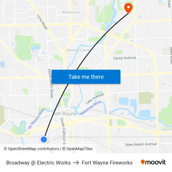 Broadway @ Electric Works to Fort Wayne Fireworks map