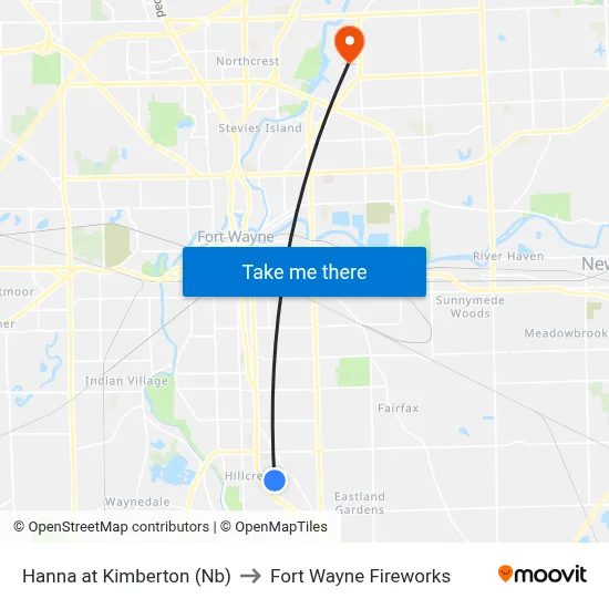 Hanna at Kimberton (Nb) to Fort Wayne Fireworks map