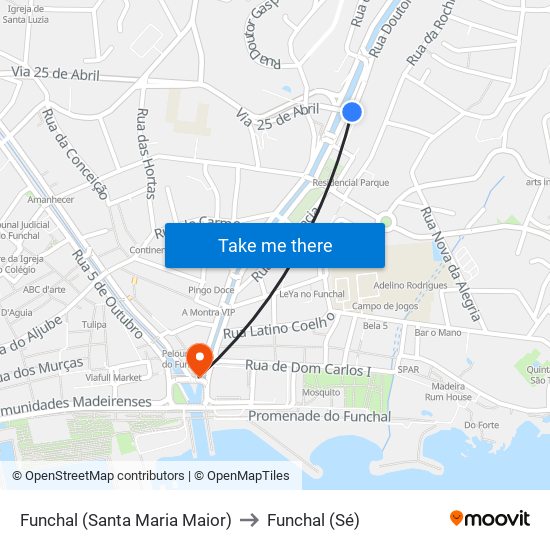 Funchal (Santa Maria Maior) to Funchal (Sé) map