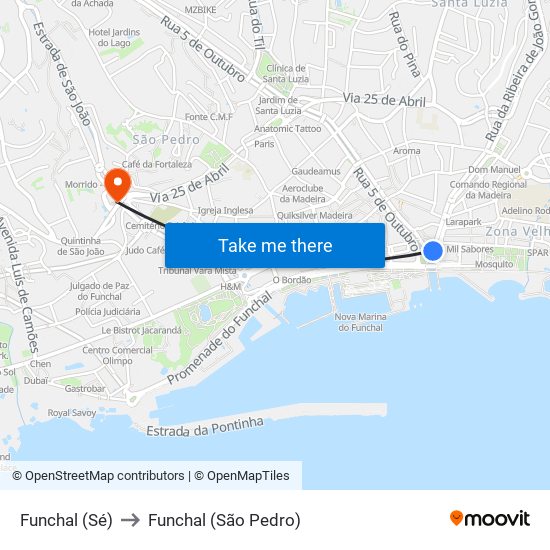Funchal (Sé) to Funchal (São Pedro) map