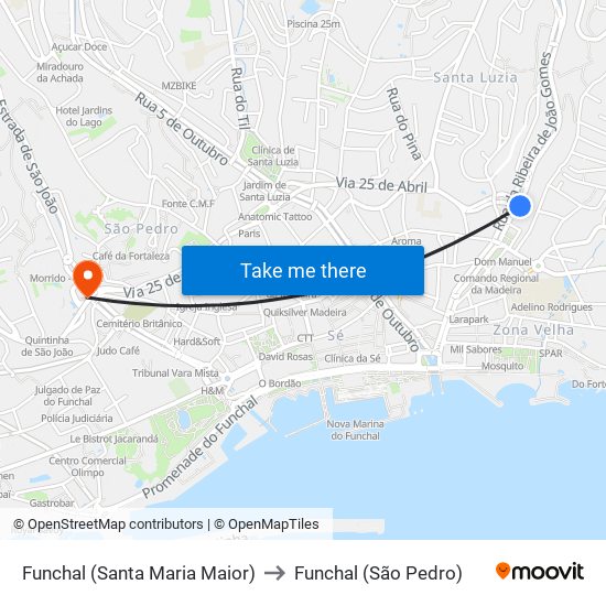Funchal (Santa Maria Maior) to Funchal (São Pedro) map