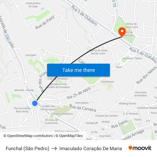 Funchal (São Pedro) to Imaculado Coração De Maria map