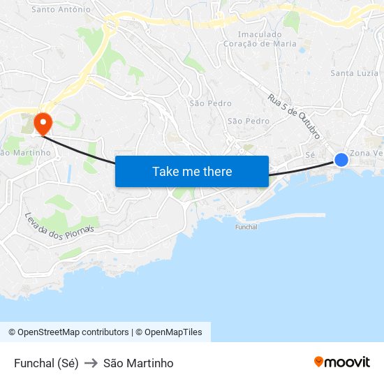 Funchal (Sé) to São Martinho map