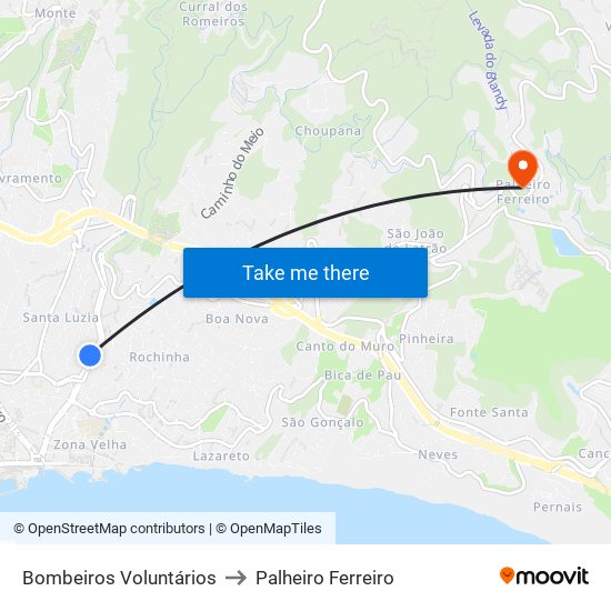 Bombeiros Voluntários to Palheiro Ferreiro map