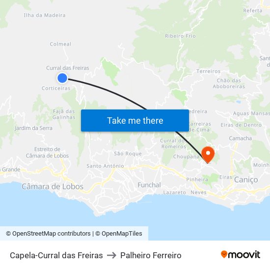 Capela-Curral das Freiras to Palheiro Ferreiro map