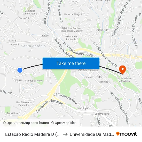 Estação Rádio Madeira  D (78A) to Universidade Da Madeira map