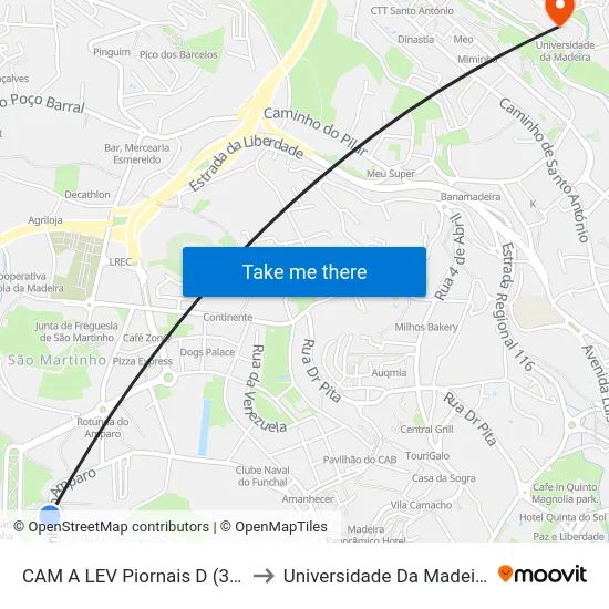 CAM A  LEV Piornais  D (36) to Universidade Da Madeira map
