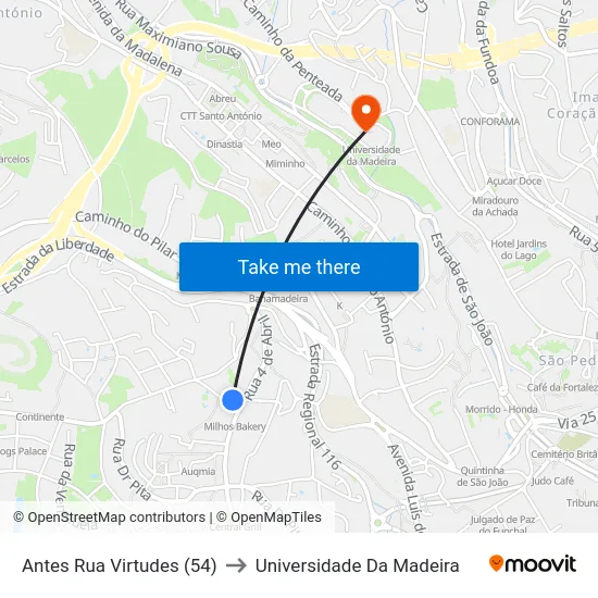 Antes Rua Virtudes (54) to Universidade Da Madeira map