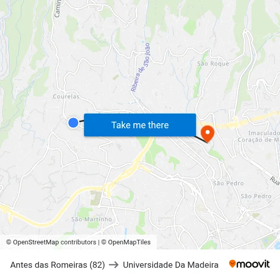 Antes das Romeiras (82) to Universidade Da Madeira map