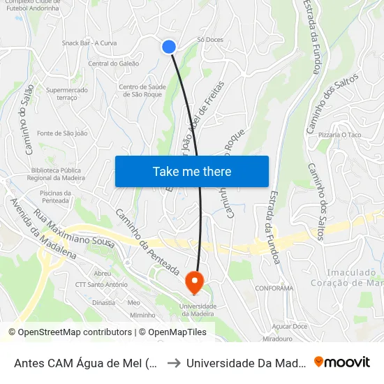 Antes CAM Água de Mel (122) to Universidade Da Madeira map