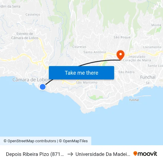Depois Ribeira  Pizo (871B) to Universidade Da Madeira map