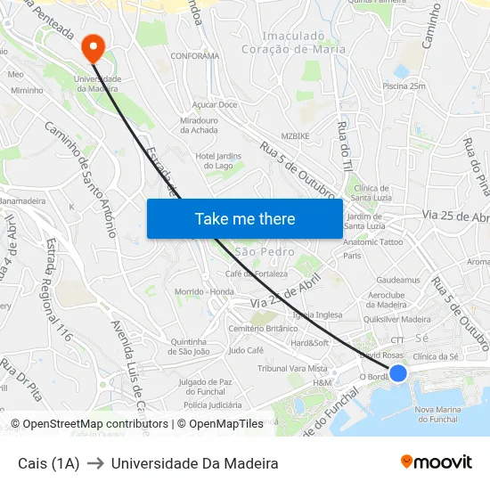 Cais (1A) to Universidade Da Madeira map