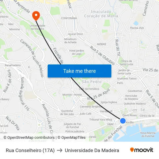 Rua Conselheiro (17A) to Universidade Da Madeira map