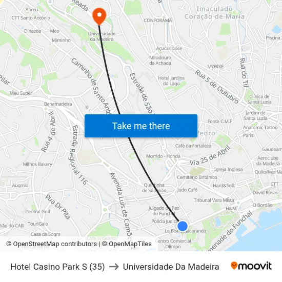 Hotel Casino Park  S (35) to Universidade Da Madeira map