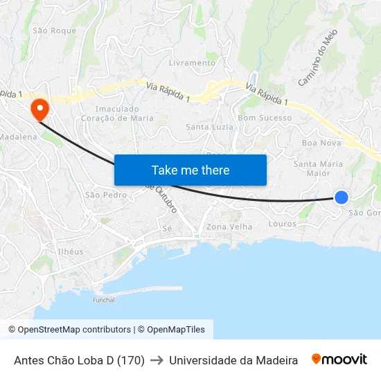 Antes Chão Loba  D (170) to Universidade da Madeira map
