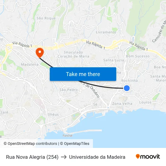 Rua Nova Alegria (254) to Universidade da Madeira map