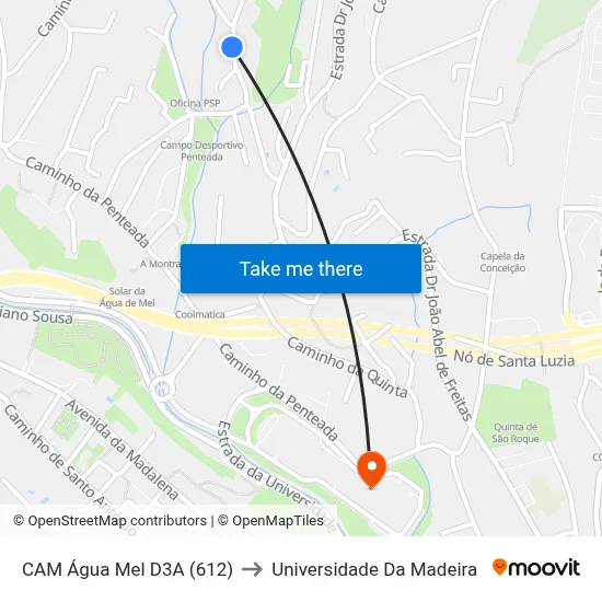 CAM Água Mel  D3A (612) to Universidade Da Madeira map