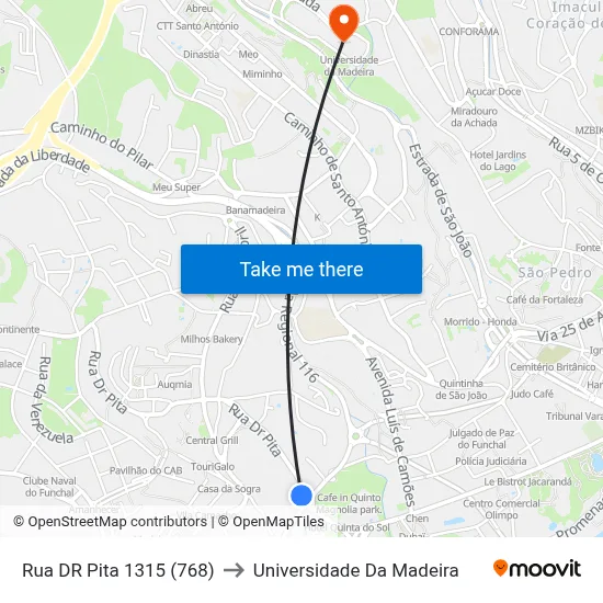 Rua DR Pita 1315 (768) to Universidade Da Madeira map