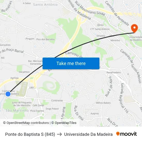 Ponte do Baptista  S (845) to Universidade Da Madeira map