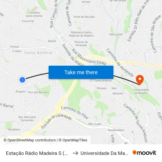 Estação Rádio Madeira  S (107A) to Universidade Da Madeira map