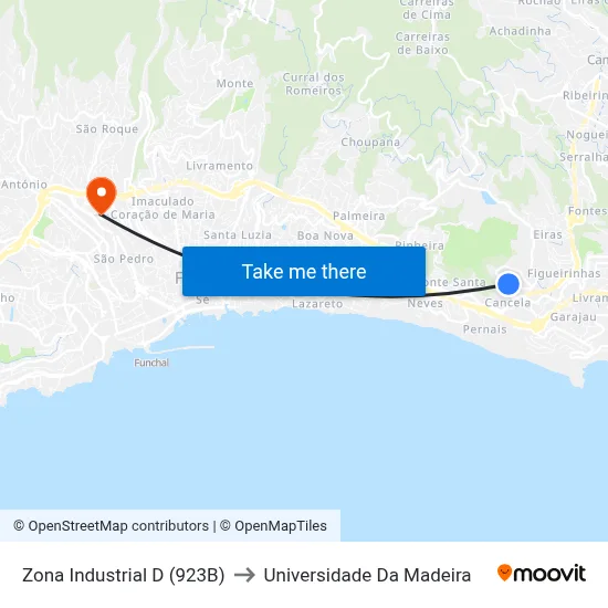 Zona Industrial  D (923B) to Universidade Da Madeira map