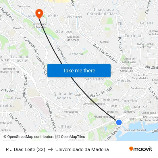 R J Dias Leite (33) to Universidade da Madeira map