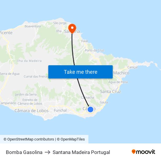 Bomba Gasolina to Santana Madeira Portugal map