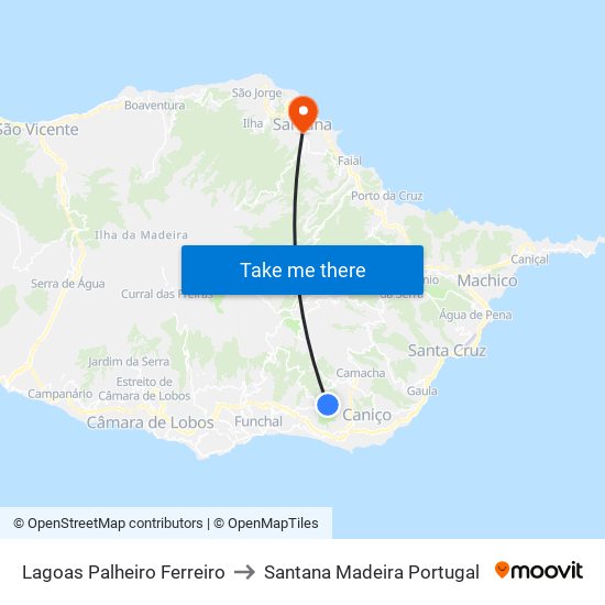 Lagoas Palheiro Ferreiro to Santana Madeira Portugal map