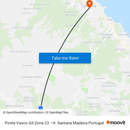 Ponte Vasco Gil-Zona 23 to Santana Madeira Portugal map