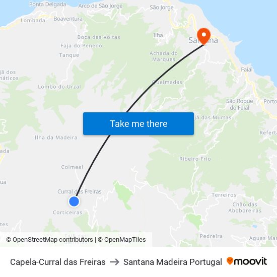 Capela-Curral das Freiras to Santana Madeira Portugal map