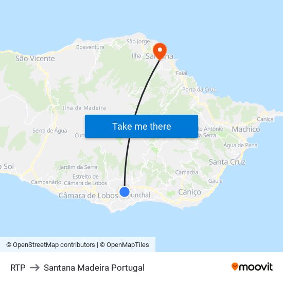 RTP to Santana Madeira Portugal map