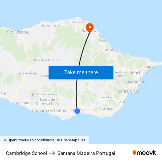 Cambridge School to Santana Madeira Portugal map