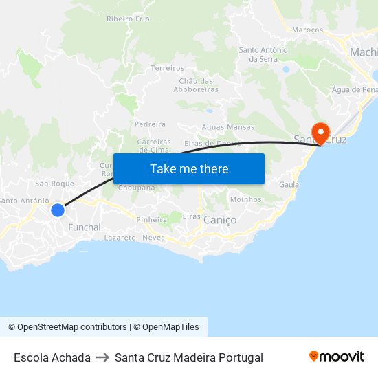 Escola Achada to Santa Cruz Madeira Portugal map