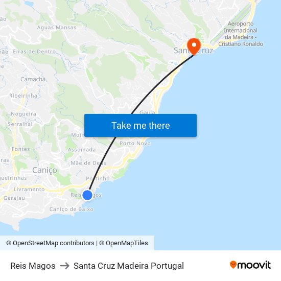 Reis Magos to Santa Cruz Madeira Portugal map