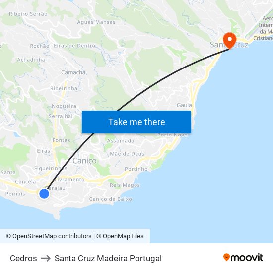 Cedros to Santa Cruz Madeira Portugal map