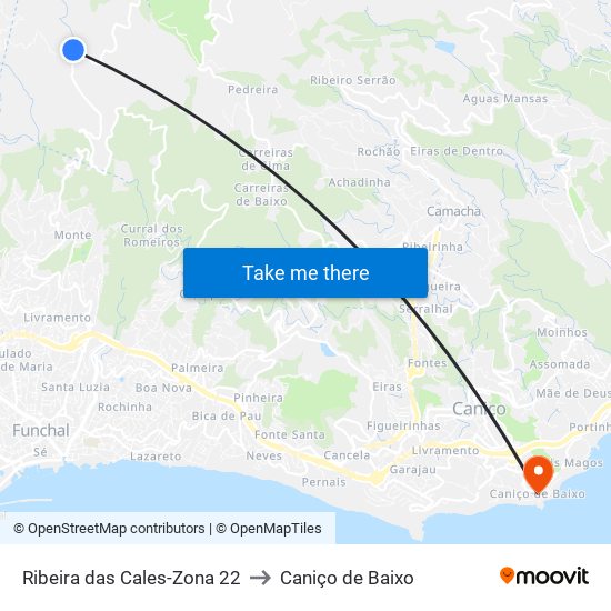 Ribeira das Cales-Zona 22 to Caniço de Baixo map