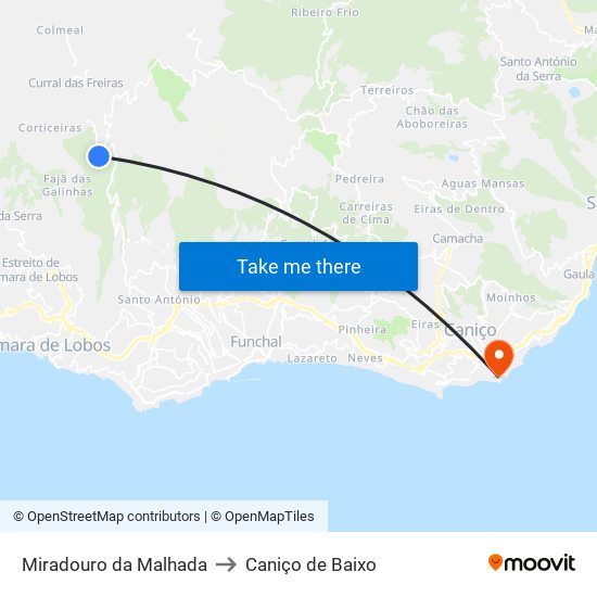 Miradouro da Malhada to Caniço de Baixo map