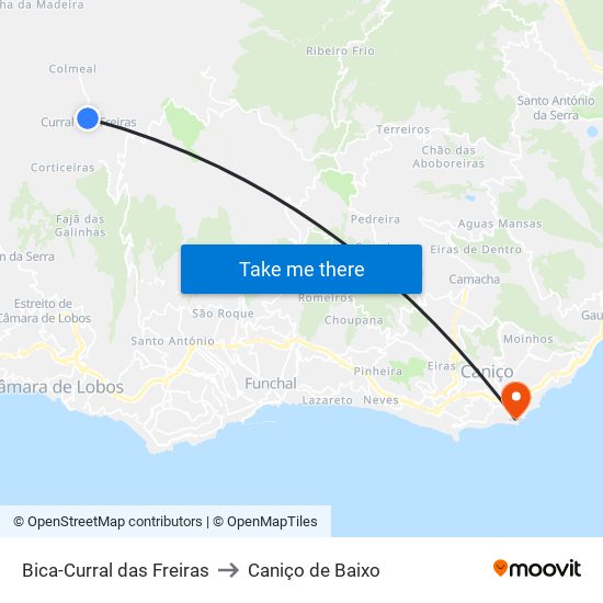 Bica-Curral das Freiras to Caniço de Baixo map