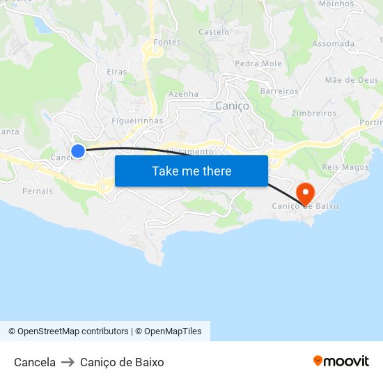 Cancela to Caniço de Baixo map