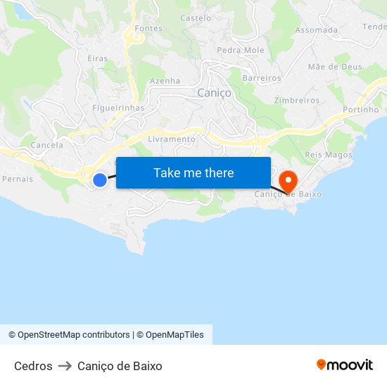 Cedros to Caniço de Baixo map