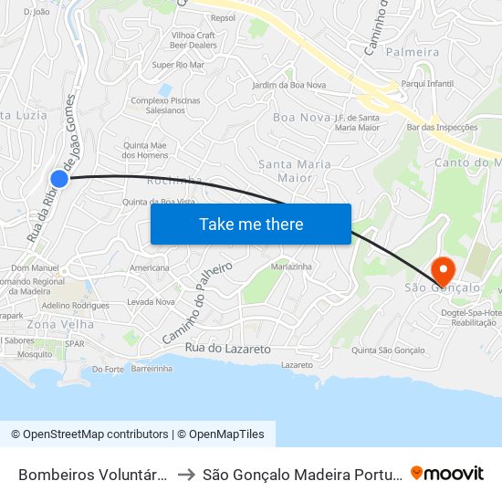 Bombeiros Voluntários to São Gonçalo Madeira Portugal map