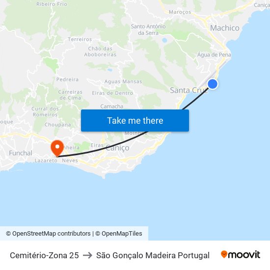 Cemitério-Zona 25 to São Gonçalo Madeira Portugal map