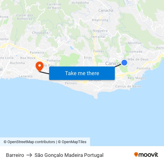 Barreiro to São Gonçalo Madeira Portugal map