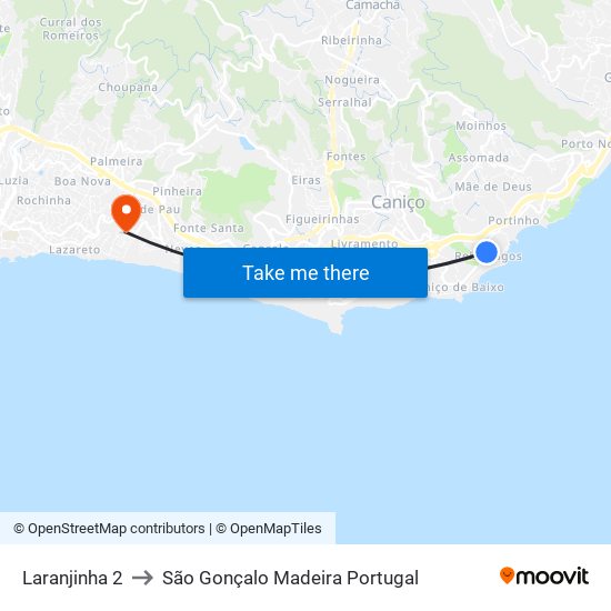 Laranjinha 2 to São Gonçalo Madeira Portugal map