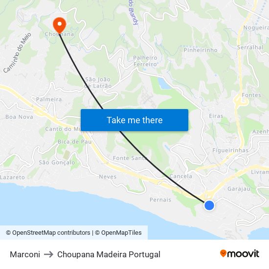 Marconi to Choupana Madeira Portugal map