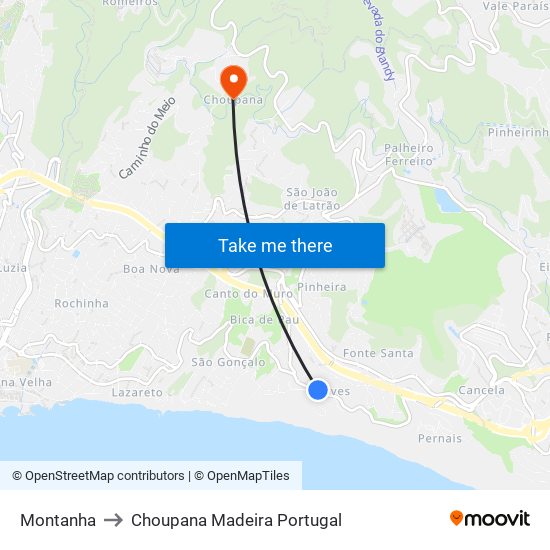 Montanha to Choupana Madeira Portugal map