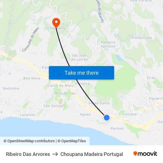 Ribeiro Das Arvores to Choupana Madeira Portugal map