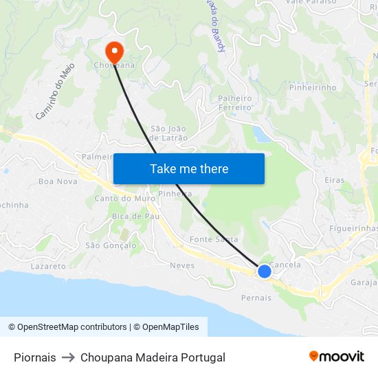 Piornais to Choupana Madeira Portugal map